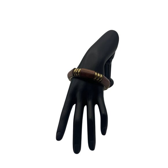 Wood Brass Octagon Bangle Bracelet Unique Retro Boho Style Accessory - Picture 2 of 5